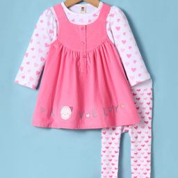 ToffyHouse Cotton Woven Cat & Text Embroidered Frock With Full Sleeves Heart Printed Inner Tee & Stockings - Dark Pink-image-59