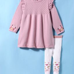 ToffyHouse 100% Cotton Knit Full Sleeves Winter Wear Floral Designed Sweater Dress with Stockings & Frill Detailing - Pink-picture-24