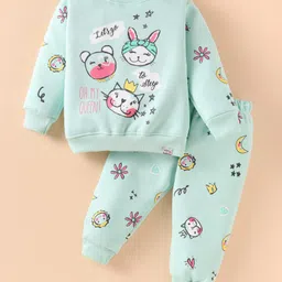 Teddy Fleece Knit Full Sleeves Winter Wear T-Shirt & Lounge Pant Set With Animal Print - Sea Green-picture-4