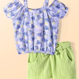 Babyhug Single Jersey Knit Half Cold Shoulder Sleeves Top & Shorts Set With Leaf Print - White & Green-image-85