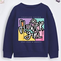 Trampoline Fleece Full Sleeves Flower Girl Text Printed Sweatshirt - Blue-picture-5
