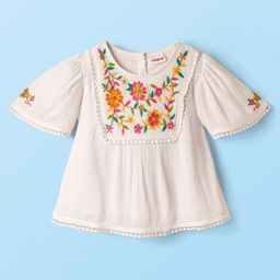 Babyhug Woven Half Sleeves Top With Floral Embroidery & Lace Detail - White-image-47