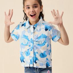 StyloBug Viscose Rayon Half Sleeves Abstract Printed & Swiss Dot Embroidered Shirt Style Top - Blue-picture-7