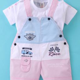 Dapper Dudes Embosis Hosiery Car Printed Dungaree With Half Sleeves Tee - White-image-89