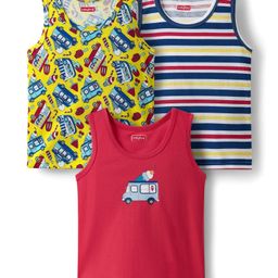 Babyhug 100% Cotton Knit Sleeveless Sandos With Stripes & Vehicle Print Pack of 3 - Red & Yellow-image-55