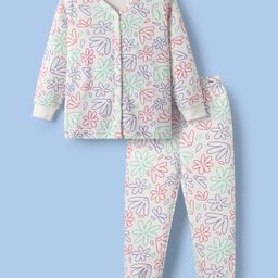 Babyoye Cotton Knit Front Open Full Sleeves Thermal Inner Wear With Floral Print - White-image-22