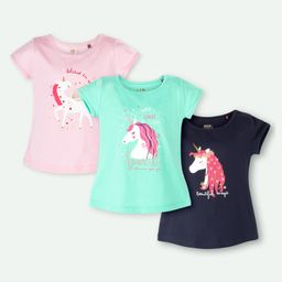 Ariel Cotton Knit Pack Of 3 Half Sleeves Unicorn & Typography Printed Tops - Pink Green & Navy Blue-image-138