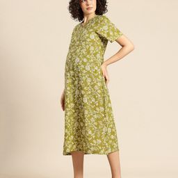 Blush 9 Maternity Cotton Woven Half Sleeves Swirl Floral Printed Maternity Nighty With Concealed Zipper Nursing Access - Green-image-62
