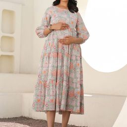Janasya Women Light Green Pure Cotton Floral Printed Tiered Maternity Fit and Flare Dress-image-63