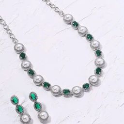 Priyaasi Green Pearl Emerald American Diamond-Studded Necklace & Earring Set-18