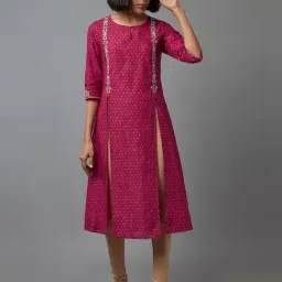 W Pink Cotton Floral Print Straight Kurta-image-70