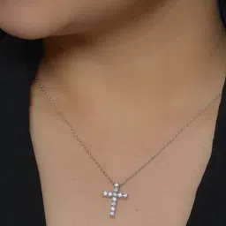 925 Silver American Diamond Cross Pendant with 18-inch Chain for Women & Girls-image-21