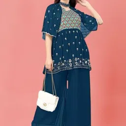 PARROT CREATION Floral Embroidered V-Neck Sequinned A-Line Kurti With Palazzo And Cape-7