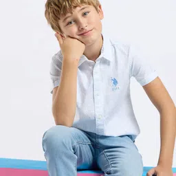 U.S. Polo Assn. Kids Boys Classic Fit Spread Collar Typography Printed Cotton Casual Shirt-picture-8