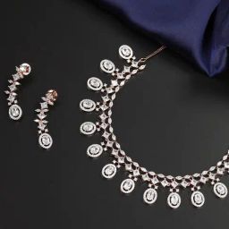 Priyaasi Rose Gold American Diamond Studded Necklace & Earring Set-44
