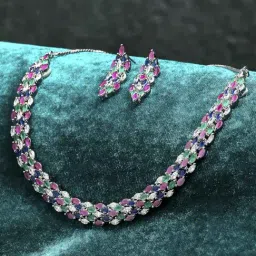 Zeneme Silver Plated Pink Green AD Studded Jewellery Set-image-44