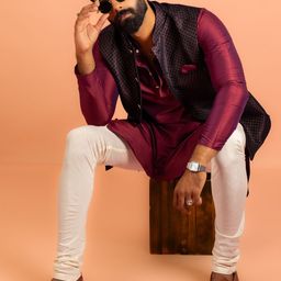 KISAH Mandarin Collar Straight Kurta with Churidar & Woven Design Nehru jacket-60