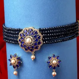 Zeneme Gold Plated Blue White AD Studded Beaded Jewellery Set-image-89