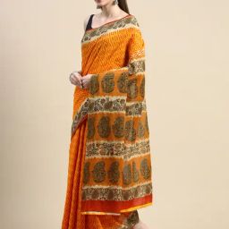 SHANVIKA Mustard Printed Cotton Saree Without Blouse-image-4