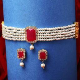 Zeneme Gold Plated Red White AD Stone Studded Beaded Jewellery Set-7