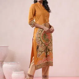 Juniper Mustard Ethnic Motif Printed Rayon Straight Kurta With Buttons & Tassels image 4