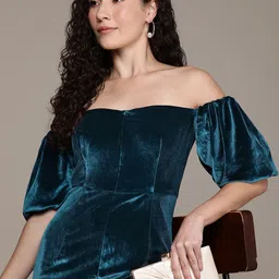 French Connection Off-Shoulder Puff Sleeve Velvet Bodycon Midi Dress-image-22