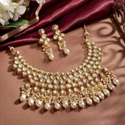 Priyaasi Gold Kundan Stone Studded & Beaded Necklace & Earring Set-image-48