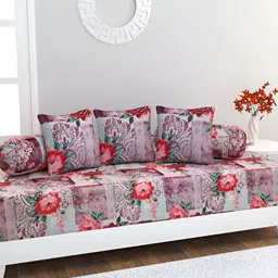 HOME AFFAIRS 6-Pcs Grey & Red Printed Cotton 220 Thread Count Cotton Single Diwan Set-7