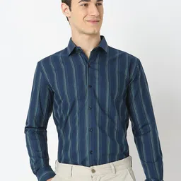 MARK & ALBERT Men Classic Slim Fit Spread Collar Vertical Striped Cotton Formal Shirt-image-15