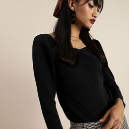 Marie Claire Black Solid Power Shoulders Top-image-11