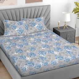 FABINALIV Grey & Blue Geometric 300 TC King Bedsheet with 2 Pillow Covers-17