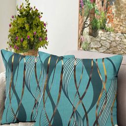 Blue Grass Green & Gold-Toned 2 Pieces Floral Printed Velvet Square Cushion Covers-image-89