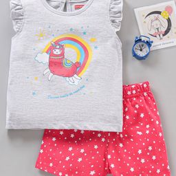 Babyhug Frill Sleeves Night Suit Multiprint - Grey Pink-image-41