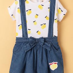 ToffyHouse 100% Cotton Woven Half Sleeves Top & Denim Skirt Set with Suspenders & Bow Applique Lemon Print - White Blue-picture-30