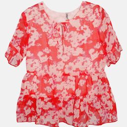 Kiddopanti Three Fourth Sleeves Floral Printed Top - Red-image-3