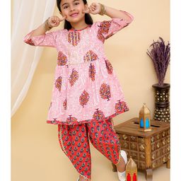 Superminis Three Fourth Bell Sleeves Vintage Floral Motif Printed Kurta With Coordinating Gota Lace Embellished Overlapped Dhoti - Magenta Pink-image-48