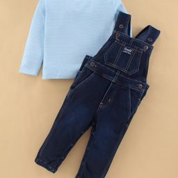 Simply Premium Cotton Denim Dungarees & Sets Full Sleeves Striped T-Shirt - Blue-22