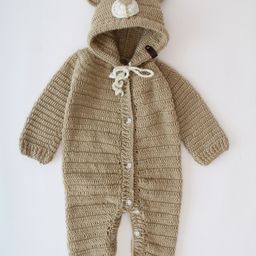 Woonie Full Sleeves  Crochet Bear Face  Design Jumpsuit -Beige-image-8