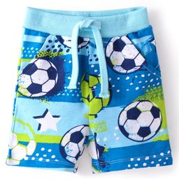 Babyhug Cotton Looper Knit  Shorts with Football Print -   Blue-image-55