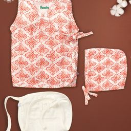 Pranava 100% Organic Cotton Sleeveless Batik Printed Jhabla Cap & Nappy Set   White-image-36