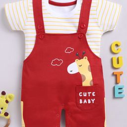 TOONYPORT Cotton Half Sleeves Cute Baby & Giraffe Printed Dungaree Set - Red-19