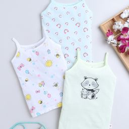 BUMZEE Cotton Pack Of 3 Sleeveless Rainbow & Animal Printed Camisoles - Aqua Blue White & Light Green-image-83