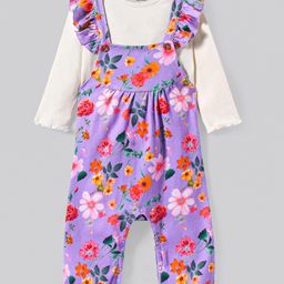 Bonfino 100% Cotton Knit Dungareewith Full Sleeves T-Shirt Floral Print with Frill Detailing - Purple-image-94