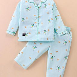 Enfance Core Cotton Woven Full Sleeves Boy & Paper Rocket Printed Coordinating Night Suit Set - Sea Green-image-1