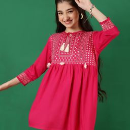 ISHTI Rayon Full Sleeves Sequins & Tassel Embellished Frock Style Top - Pink-image-27