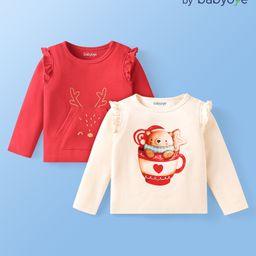 Babyoye 100% Cotton Knit Full Sleeves Dyed Tops With Animal Print - Red & White-image-85