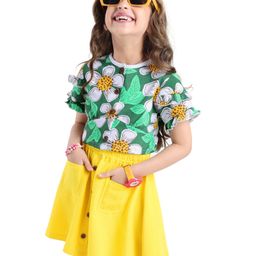 Ollington St. Sinker Knit Frill Sleeves Front Open Floral Printed Top & Pop -Corn Skirt - Green & Yellow-image-100