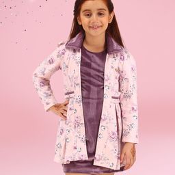 Cutecumber Accordion Dress With Full Sleeves Floral Printed Jacket Set - Purple-image-65