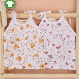 Mom's Home Muslin Organic Cotton Sleeveless Pack Of 2 Floral & Leaves Printed Jhablas - White & Pink-picture-15
