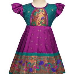 Bhartiya Paridhan Silk Woven Frill Sleeves Floral Embroidered Ethnic Dress - Purple-picture-19